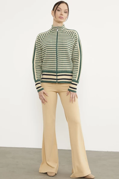 Kazayağı Desenli Fermuarlı Triko Hırka - Yeşil - Resim 2