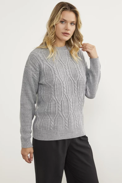 Oversize Kabartma Desenli Triko Kazak - Gri - Resim 4