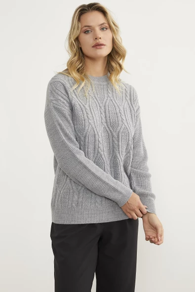 Oversize Kabartma Desenli Triko Kazak - Gri - Resim 5