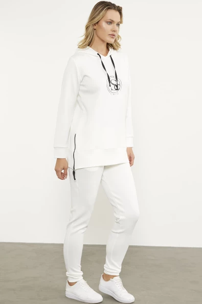 Dalgıç Kumaş Kapüşonlu Tunik Eşofman Takım - Ekru - Resim 6