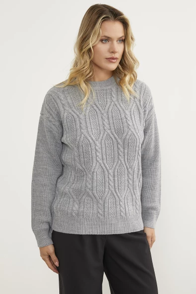 Oversize Kabartma Desenli Triko Kazak - Gri - Resim 2