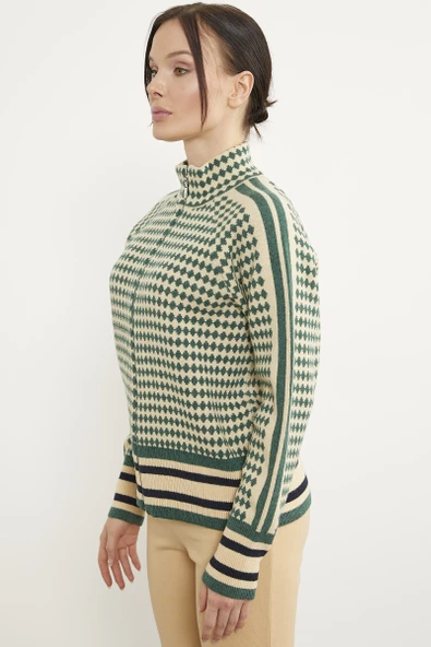 Kazayağı Desenli Fermuarlı Triko Hırka - Yeşil - Resim 4