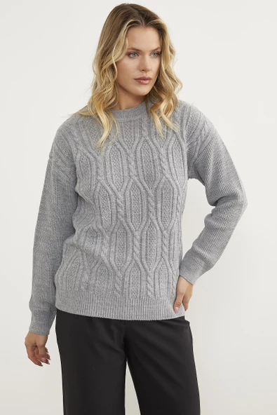 Oversize Kabartma Desenli Triko Kazak - Gri - Resim 3