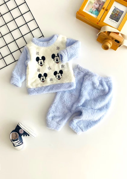 Neşeli Bebekler Mickey Nakışlı Desen Welsoft Takım Mavi