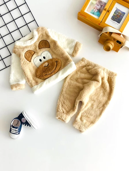 Neşeli Bebekler Maymun Kabartma Desen Welsoft Takım Vizon ürün görseli