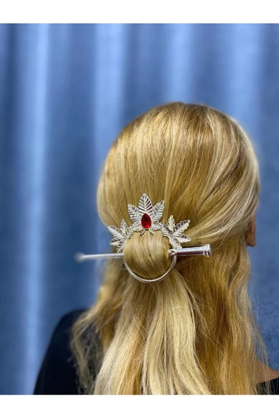 Vip Rodyum Farklı Tarz Şık Kırmızı Taşlı Gümüş Renk Geyşa Toka - 3