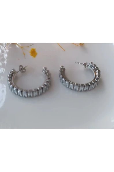 zirkon taşlı suyolu Şık ve farklı tarz çelik halka küpe - Resim 2