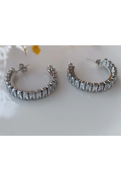 zirkon taşlı suyolu Şık ve farklı tarz çelik halka küpe - Resim 3