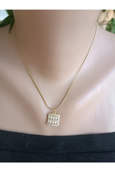 şık ve tarz zirkon taşlı baget çelik kolye - Resim 2