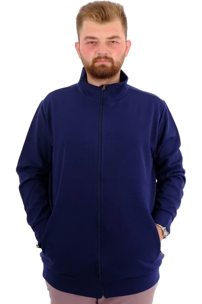 Mode XL Buyuk Beden Erkek Hırka Fermuarlı Stell Dik Yaka 20571 İndigo - 5