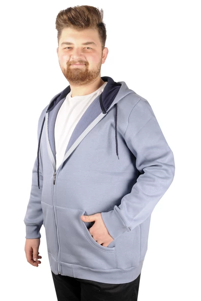 Mode XL Erkek Sweatshirt Kapşonlu Zippered Basic 20543 Mavi - Resim 4