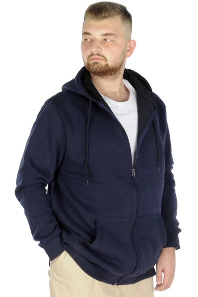 Mode XL Büyük Beden Erkek Sweatshirt Zippered Recycle B20533 Lacivert - Resim 2