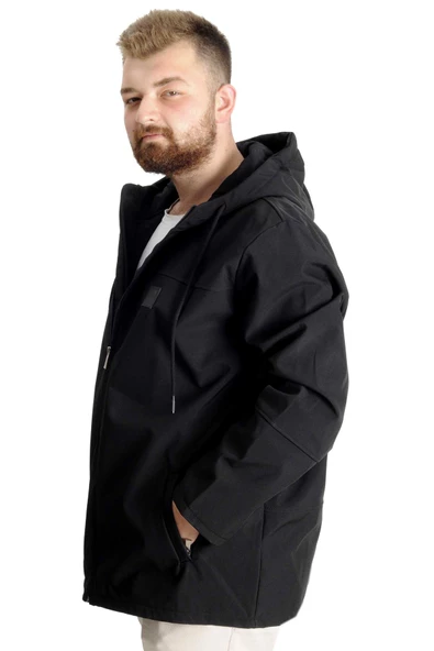 Mode XL Büyük Beden Erkek Kapüşonlu Mont Waterproof Softshell 21235 Siyah - 2