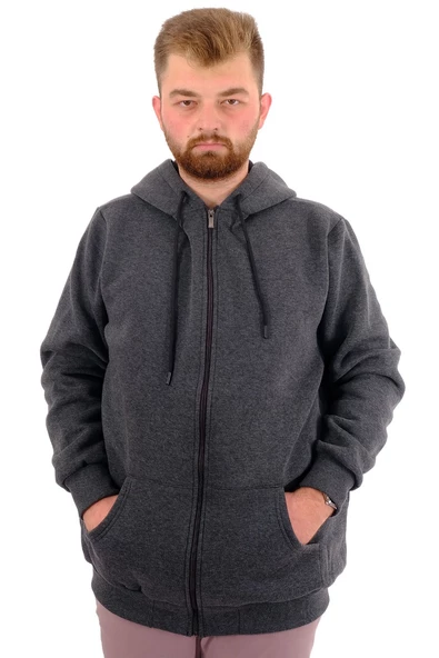 Mode XL Büyük Beden Erkek Sweat Zippered Basic 20543 Antramelanj - Resim 10