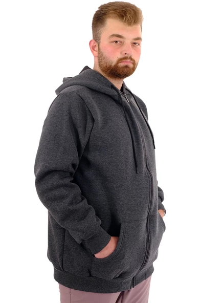 Mode XL Büyük Beden Erkek Sweat Zippered Basic 20543 Antramelanj - Resim 12