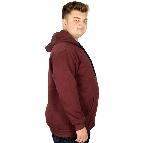 Mode XL Erkek Sweatshirt Kapşonlu Zippered Basic 20543 Mürdüm - Resim 3