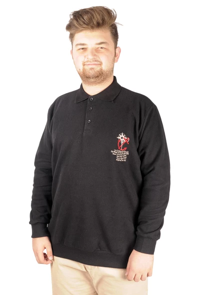 Mode XL Erkek Sweat Polo Recycle Selanik Sailor B20421 Siyah - Resim 4