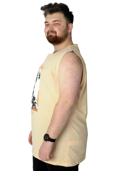 Mode XL Büyük Beden T-Shirt Kolsuz Manhattan Beach 22161 Bej - 3