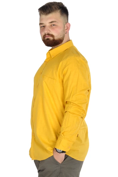 Mode XL Büyük Beden Erkek Keten Cepli  Gömlek 20386 Hardal - Resim 3