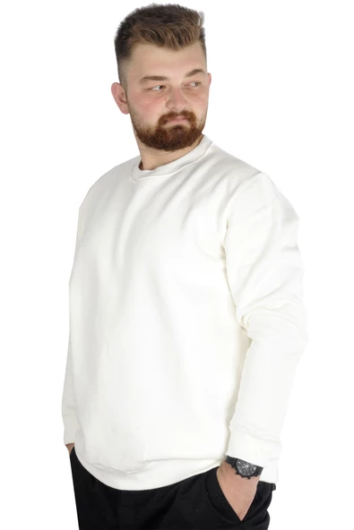 Mode XL Erkek Sweatshirt Bisiklet Yaka Basic 20131 Ekru - Resim 3
