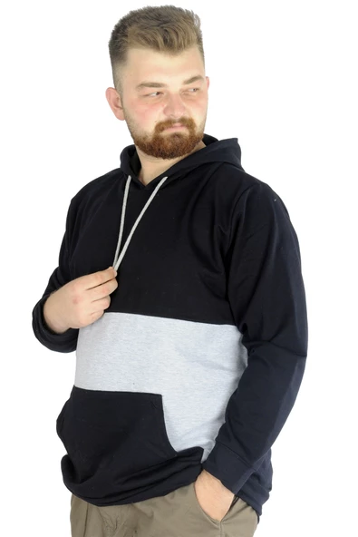Mode XL Erkek Sweat Kapşon Parçalı Kanguru Cep 22527 Lacivert - 3