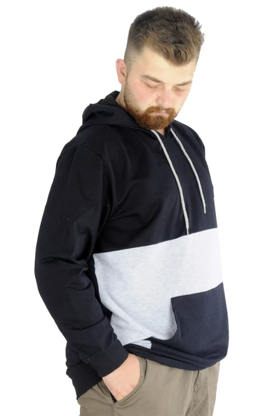 Mode XL Erkek Sweat Kapşon Parçalı Kanguru Cep 22527 Lacivert - 2
