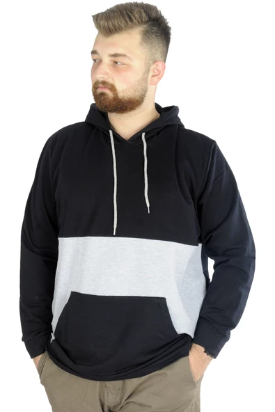 Mode XL Erkek Sweat Kapşon Parçalı Kanguru Cep 22527 Lacivert