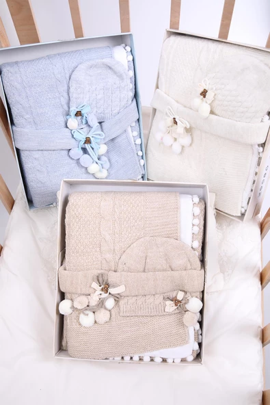 Babyhola Triko Yenidoğan Battaniye Kundak Tokası Pamuk Örtü Bere 4'lü Kutulu Set Bebek Hediyesi 13807 Hastane Çıkışı Hediyelik 13807 - 9