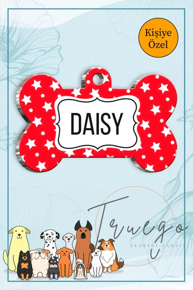 Kırmızı Beyaz Yıldız Desenli Kedi Köpek Künyesi Kemik Şekilli