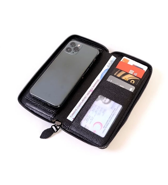 Telefon Bölmeli Fermuarlı Cüzdan Büyük Paraportföy El Çantası SİYAH - Resim 3