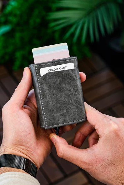 Mekanizmalı Cüzdan Vegan Deri Kartlık 9 Adet Kart Ve Geniş Para Bölmeli Rfıd Engelleme Crazy Gri ürün görseli