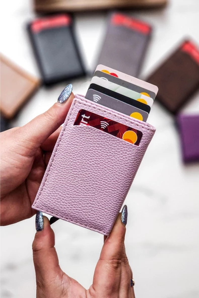 Mekanizmalı Cüzdan Vegan Deri Kartlık 9 Adet Kart Ve Geniş Para Bölmeli Rfıd Engelleme Lila ürün görseli