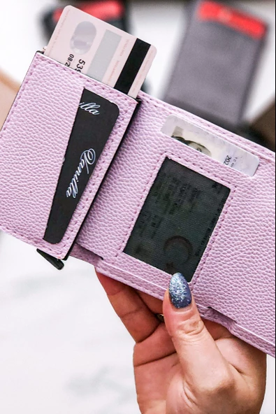 Mekanizmalı Cüzdan Vegan Deri Kartlık 9 Adet Kart Ve Geniş Para Bölmeli Rfıd Engelleme Lila - Resim 4