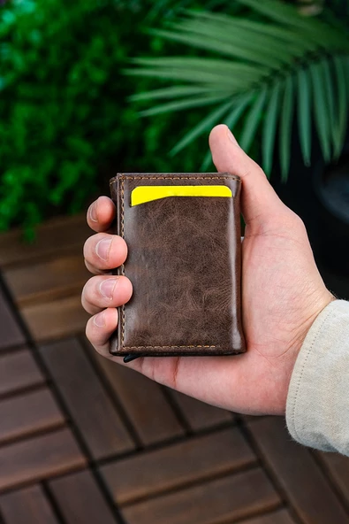 Mekanizmalı Cüzdan Vegan Deri Kartlık 9 Adet Kart Ve Geniş Para Bölmeli Rfıd Engelleme Crazy Kahverengi - Resim 3