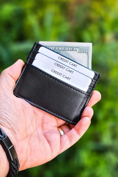 Unisex Kartlık Vegan Deri Minimal Model 6 Kart - 1 Kâğıt Para Bölmeli Siyah - 2