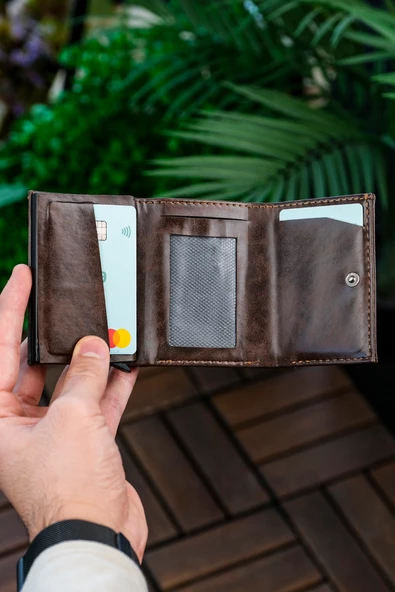Mekanizmalı Cüzdan Vegan Deri Kartlık 9 Adet Kart Ve Geniş Para Bölmeli Rfıd Engelleme Crazy Kahve - 4