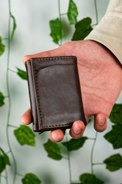 Mekanizmalı Cüzdan Vegan Deri Kartlık 9 Adet Kart Ve Geniş Para Bölmeli Rfıd Engelleme Crazy Kahve - 6