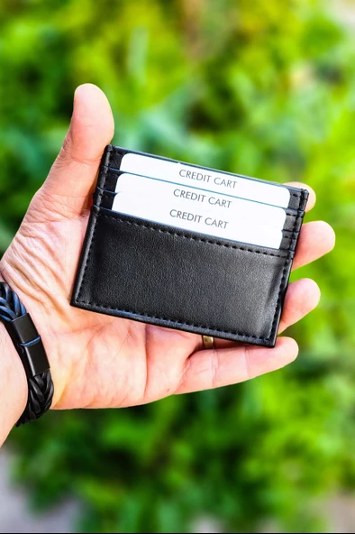 Unisex Kartlık Vegan Deri Minimal Model 6 Kart - 1 Kâğıt Para Bölmeli Siyah - 4
