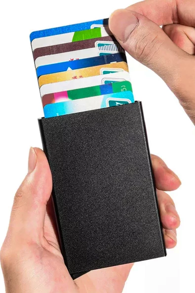 Otomatik Mekanizmalı Kartlık Alüminyum Kasa RFID Koruma Mat Siyah - 3
