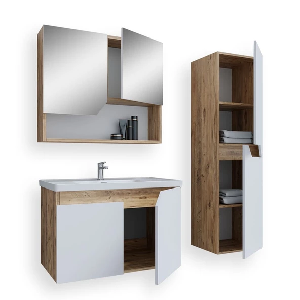 Teta Home Napoli 65 Cm Mdf Banyo Dolabı Seti + Boy Dolabı  Atlantik Çam-Beyaz - 2