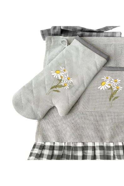 Papatya Nakışlı, Fırfırlı, Buldan keten Fırın Önlüğü (Örtüsü) ve Eldiveni - 2