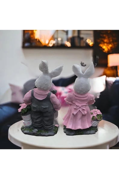 Bahçede Tavşanlar Pembe Gri Biblo Dekorasyon - 2