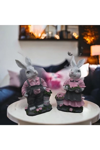 Bahçede Tavşanlar Pembe Gri Biblo Dekorasyon - 3