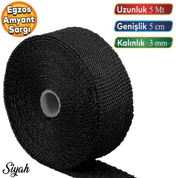 5 metre 5 cm Cam Elyaf Ekzoz Sargısı Manifold Sargı Bezi Yanmaz Bant Siyah Amyant 3 mm (Kalınlık) ürün görseli