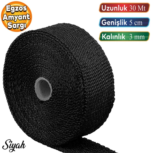 30 metre 5 cm Cam Elyaf Ekzoz Sargısı Manifold Sargı Bezi Yanmaz Bant Siyah Amyant 3 mm (Kalınlık) ürün görseli