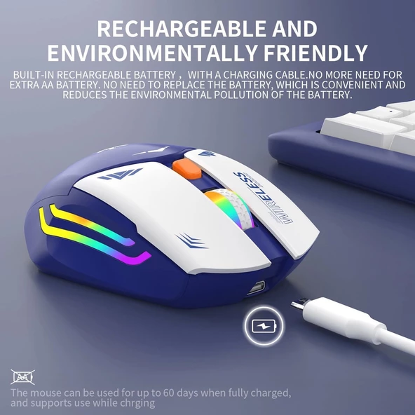 Blic Bwm1 Mavi RGB Şarjlı Kablosuz 1600DPI Işıklı Kablosuz Mouse - 5