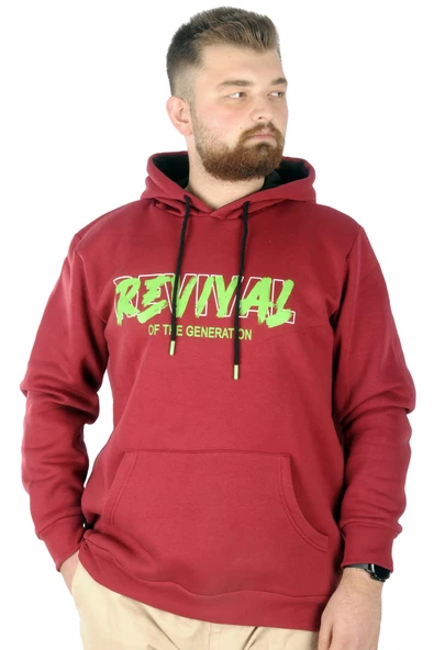 Mode XL Büyük Beden Erkek Sweatshirt Kapşonlu Kanguru Revival 22545 Bordo