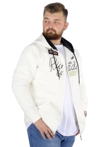 Mode XL Erkek Sweat Kapşonlu Fermuarlı Riv 22522 Ekru