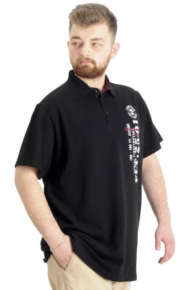 Mode XL Büyük Beden Erkek T-shirt Polo Parçalı FLT 23329 Siyah - Resim 3