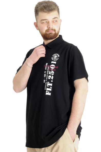 Mode XL Büyük Beden Erkek T-shirt Polo Parçalı FLT 23329 Siyah - Resim 2